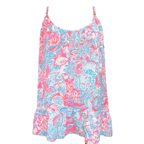 Lilly Pulitzer Coral Pink Blue Sun Ray Ruffled Peplum Tank Top Shirt Cami XL NWT - Picture 5 of 11